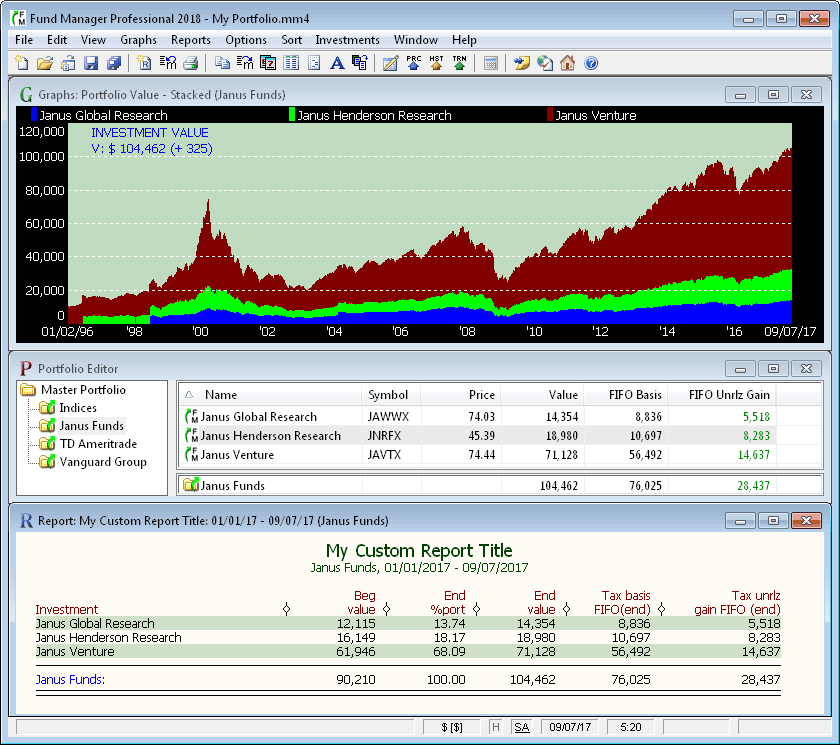 Graph, Portfolio Editor, and a Report Window